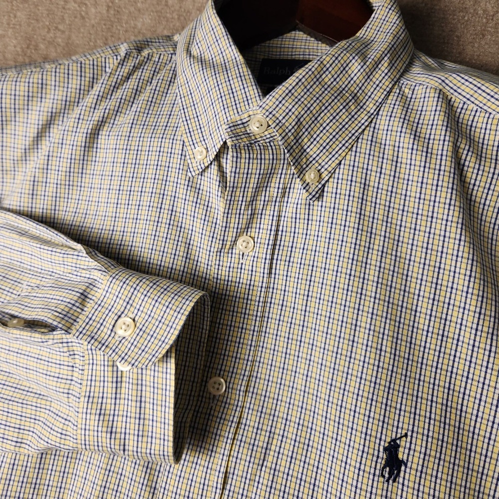 Ralph Lauren Dress Shirt Mens 16.5 34/35 Yellow Blue Yarmouth Pinpoint Oxford
